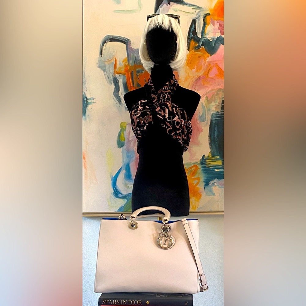 Dior Bag Diorissimo calfskin medium tote off white/cream/ with blue interior.